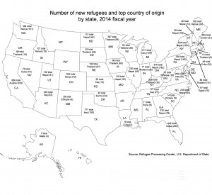 This map shows the number of refugees arriving in each state in the latest fiscal year with the country of origin for the largest number of refugees. Created by Jenn Harris for the Reporting on Health Collaborative.