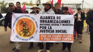 De izquierda a derecha los líderes campesinos Fidel Sánchez, Lorenzo Rodríguez Jiménez y Bonifacio Martínez Cruz al frente de la marcha por los campos de San Quintín.  