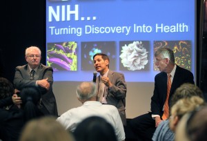 Henry A. Barrios / The Californian Dr. Tom Farieden, center, director for the Centers for Disease Control and Prevention, answers questions from valley fever patients during a community forum at the Valley Fever Symposium held in Bakersfield at the Kern County Department of Public Health Monday. At left is Dr. Royce Johnson, professor of medicine at UCLA and Kern Medical Center's chief of infectious disease. At right is Dr. Francis Collins, director of the National Institutes of Health.