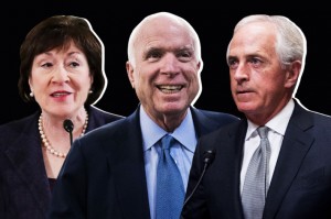 Estos senadores Susan Collins (Maine), John McCain (Arizona), y Bob Corker (Tennessee), han manifestado discrepancias en la forma como está escrito el Proyecto de recortes de impuestos de los republicanos. Foto: NYMag.