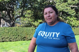 Rosalba Villanueva of Bakersfield woke up at 3 a.m. to make it to Sacramento in time for the rally Thursday. She and other members of the United Farm Workers union came to voice their concerns about the dangerous pesticides field workers are often exposed to. (Ana B. Ibarra/California Healthline)