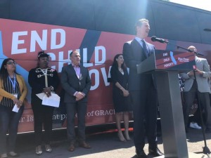  California Governor Gavin Newsom, in South Central Los Angeles, details his plan to fight child poverty. Photo: GRACE