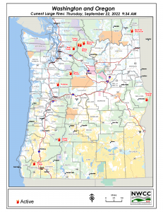 Mapa del Northwest Interagency Coordination Center que muestra los incendios activos más grandes en Washington y Oregon. Foto: NICC.